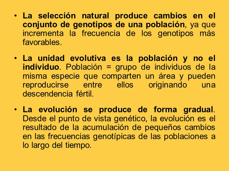 La selección natural produce cambios en el conjunto de genotipos de una población, ya que incrementa la frecuencia de los genotipos más favorables.