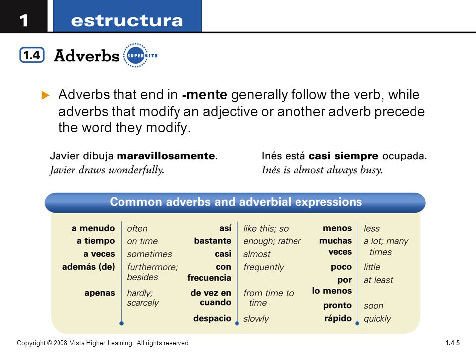 Adverbs that end in -mente generally follow the verb, while adverbs that modify an adjective or another adverb precede the word they modify.