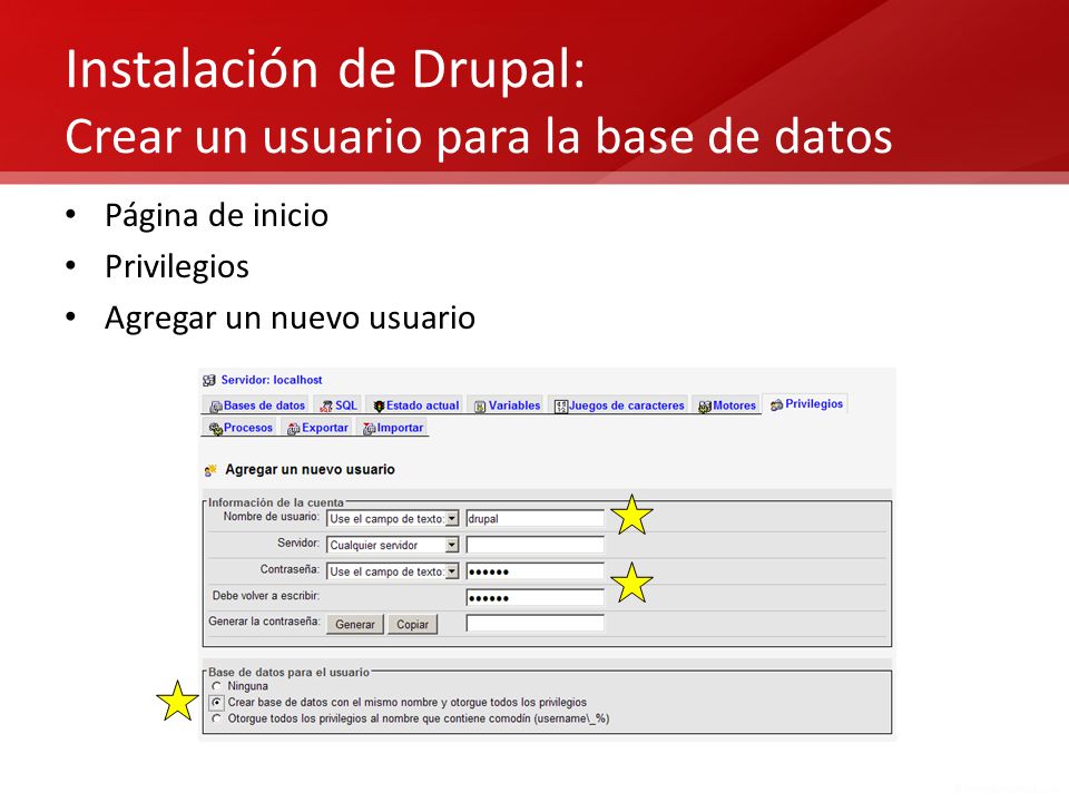 Instalación de Drupal: Crear un usuario para la base de datos