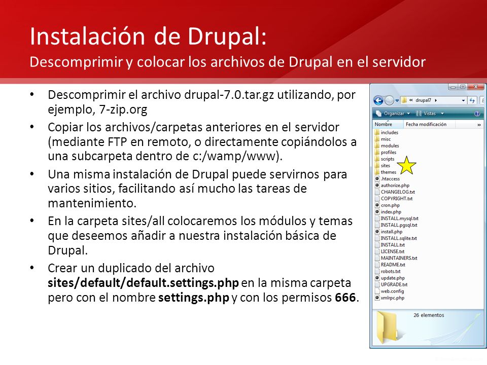Instalación de Drupal: Descomprimir y colocar los archivos de Drupal en el servidor