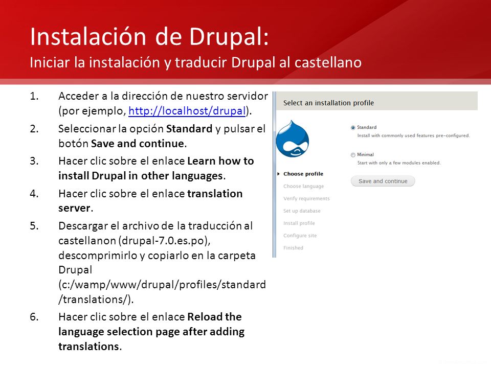 Instalación de Drupal: Iniciar la instalación y traducir Drupal al castellano