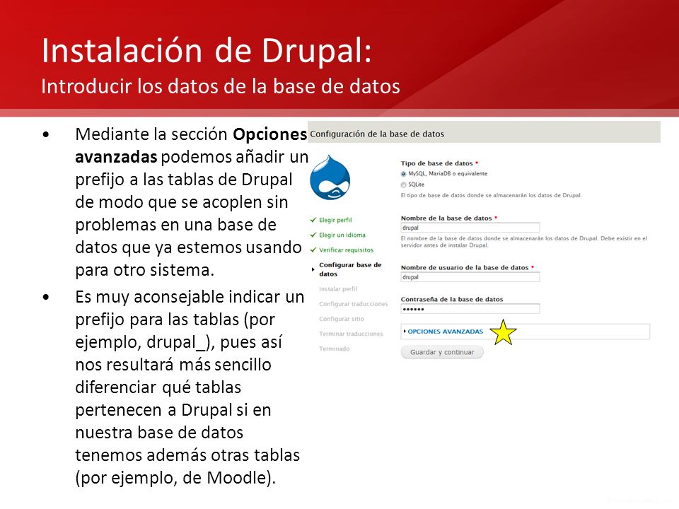 Instalación de Drupal: Introducir los datos de la base de datos
