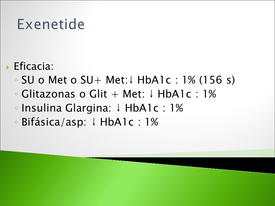 Exenetide SU o Met o SU+ Met:↓ HbA1c : 1% (156 s)