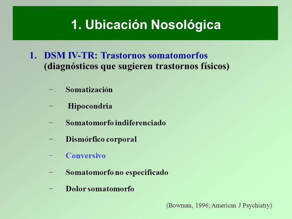1. Ubicación Nosológica DSM IV-TR: Trastornos somatomorfos (diagnósticos que sugieren trastornos físicos)
