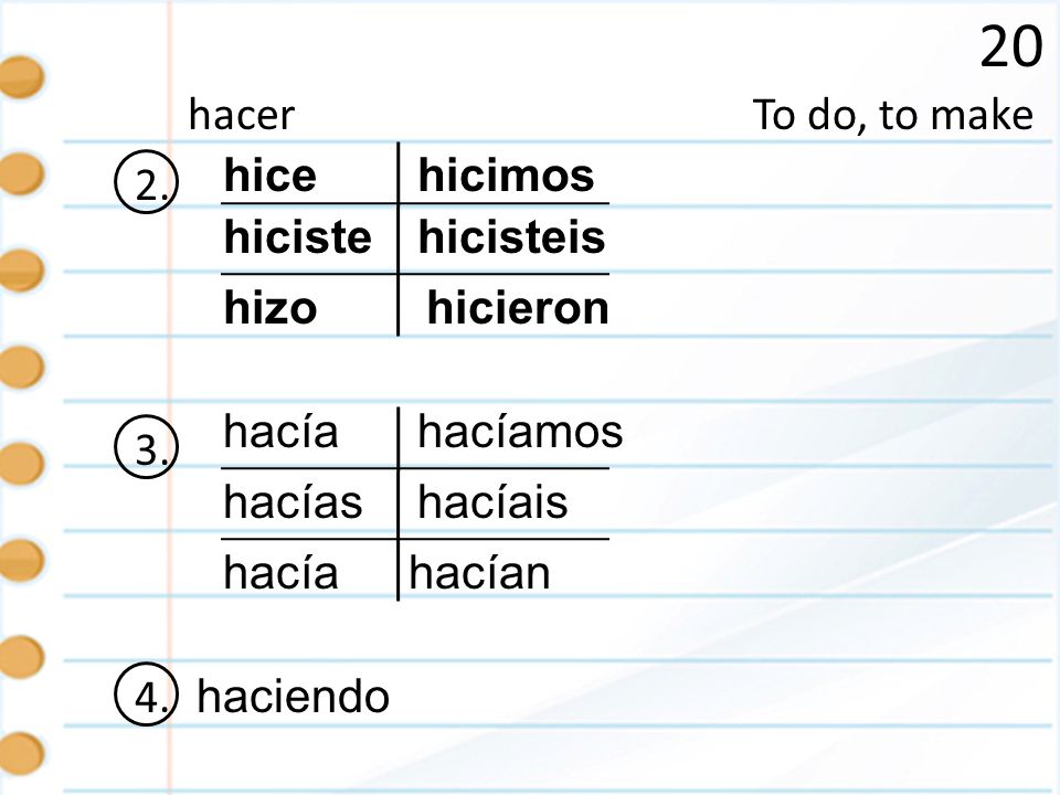20 hacer To do, to make 2. hice hicimos hiciste hicisteis hizo