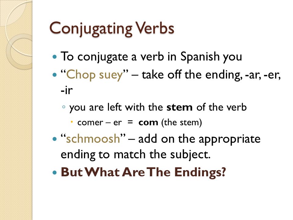 Conjugating Verbs To conjugate a verb in Spanish you