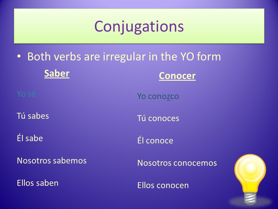 Conjugations Both verbs are irregular in the YO form Saber Conocer