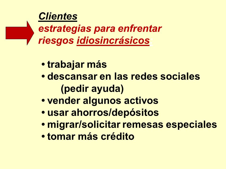 Clientes estrategias para enfrentar. riesgos idiosincrásicos: • trabajar más. • descansar en las redes sociales.