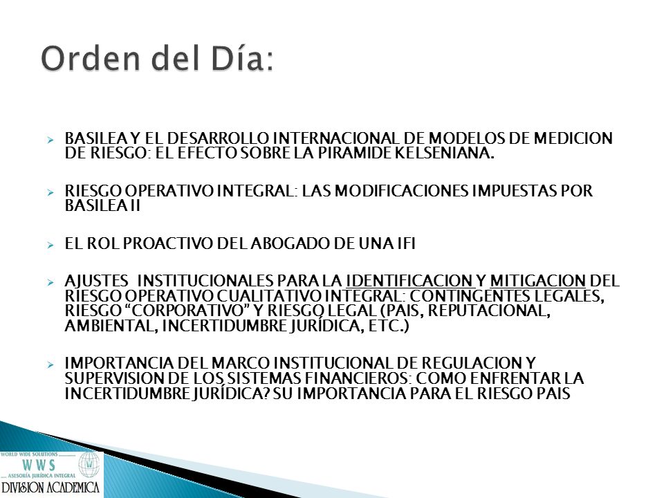 Orden del Día: BASILEA Y EL DESARROLLO INTERNACIONAL DE MODELOS DE MEDICION DE RIESGO: EL EFECTO SOBRE LA PIRAMIDE KELSENIANA.