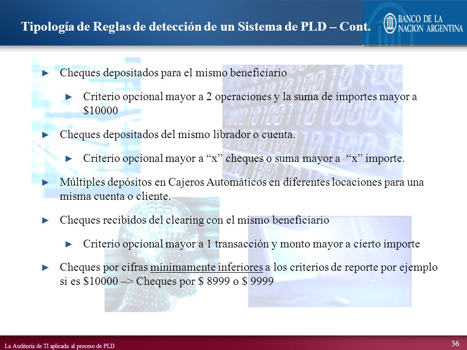 Tipología de Reglas de detección de un Sistema de PLD – Cont.