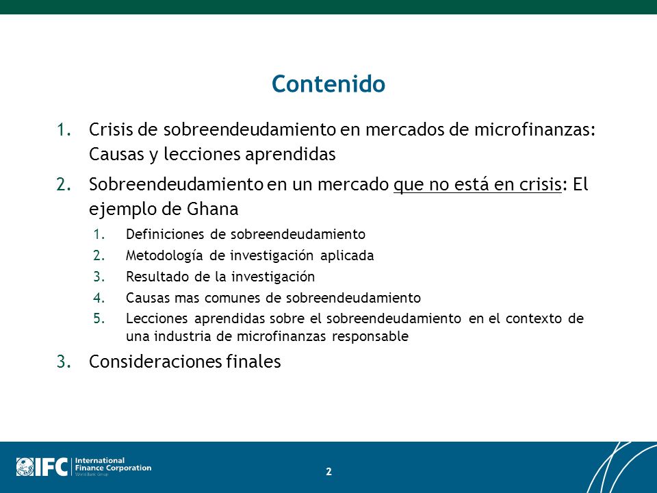 Contenido Crisis de sobreendeudamiento en mercados de microfinanzas: Causas y lecciones aprendidas.