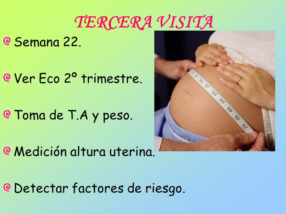 TERCERA VISITA Semana 22. Ver Eco 2º trimestre. Toma de T.A y peso.