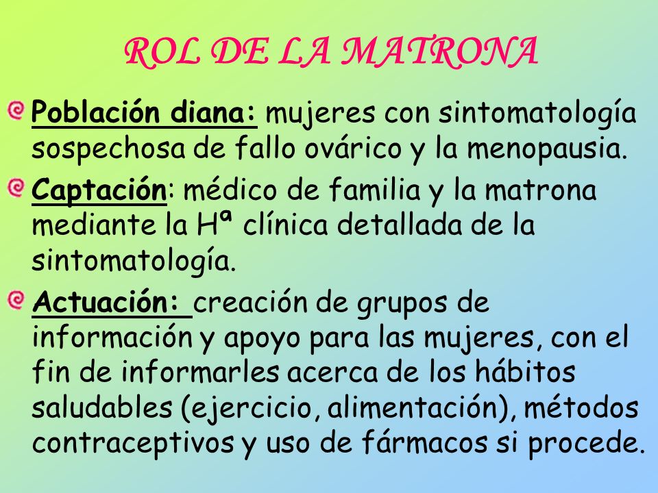 ROL DE LA MATRONA Población diana: mujeres con sintomatología sospechosa de fallo ovárico y la menopausia.