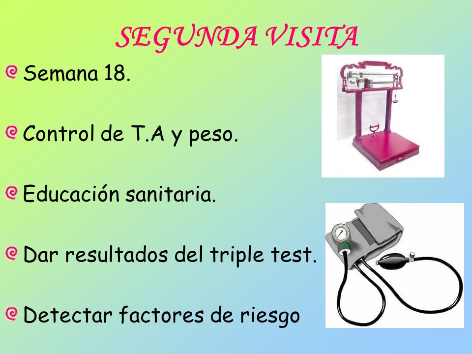 SEGUNDA VISITA Semana 18. Control de T.A y peso. Educación sanitaria.