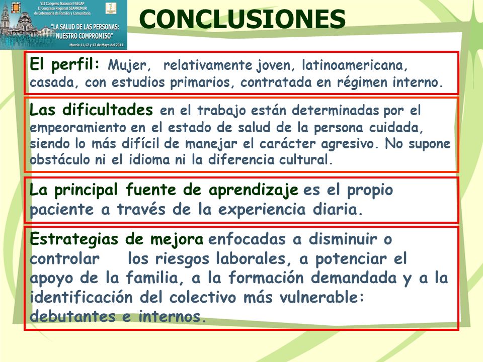 CONCLUSIONES El perfil: Mujer, relativamente joven, latinoamericana, casada, con estudios primarios, contratada en régimen interno.