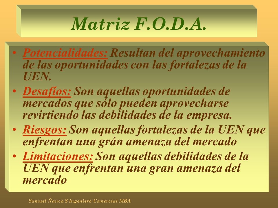 Matriz F.O.D.A. Potencialidades: Resultan del aprovechamiento de las oportunidades con las fortalezas de la UEN.