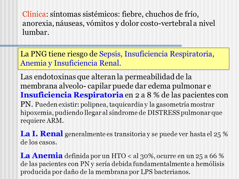 Clínica: síntomas sistémicos: fiebre, chuchos de frío, anorexia, náuseas, vómitos y dolor costo-vertebral a nivel lumbar.