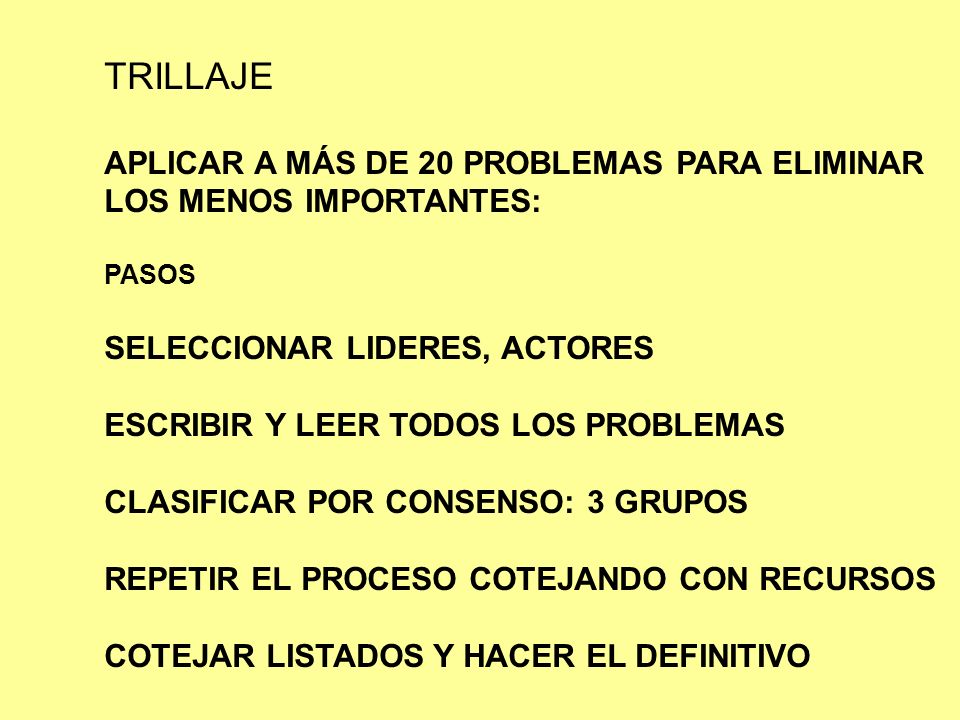 TRILLAJE APLICAR A MÁS DE 20 PROBLEMAS PARA ELIMINAR LOS MENOS IMPORTANTES: PASOS. SELECCIONAR LIDERES, ACTORES.