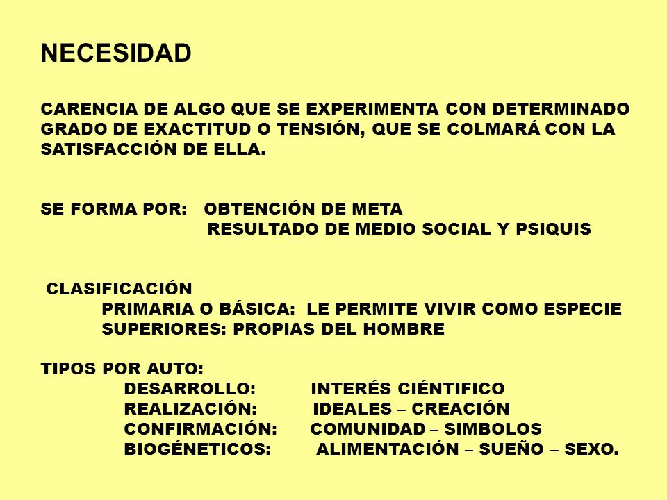 NECESIDAD CARENCIA DE ALGO QUE SE EXPERIMENTA CON DETERMINADO GRADO DE EXACTITUD O TENSIÓN, QUE SE COLMARÁ CON LA SATISFACCIÓN DE ELLA.