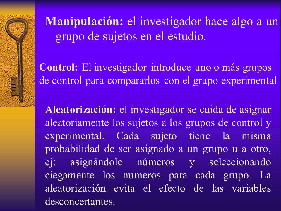 Manipulación: el investigador hace algo a un grupo de sujetos en el estudio.