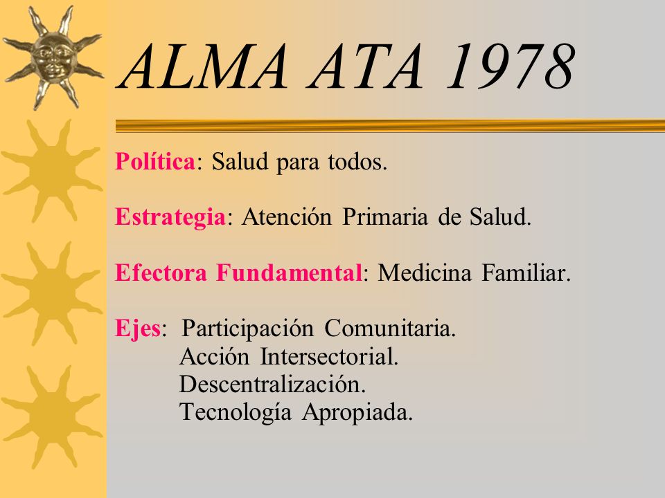 ALMA ATA 1978 Política: Salud para todos.