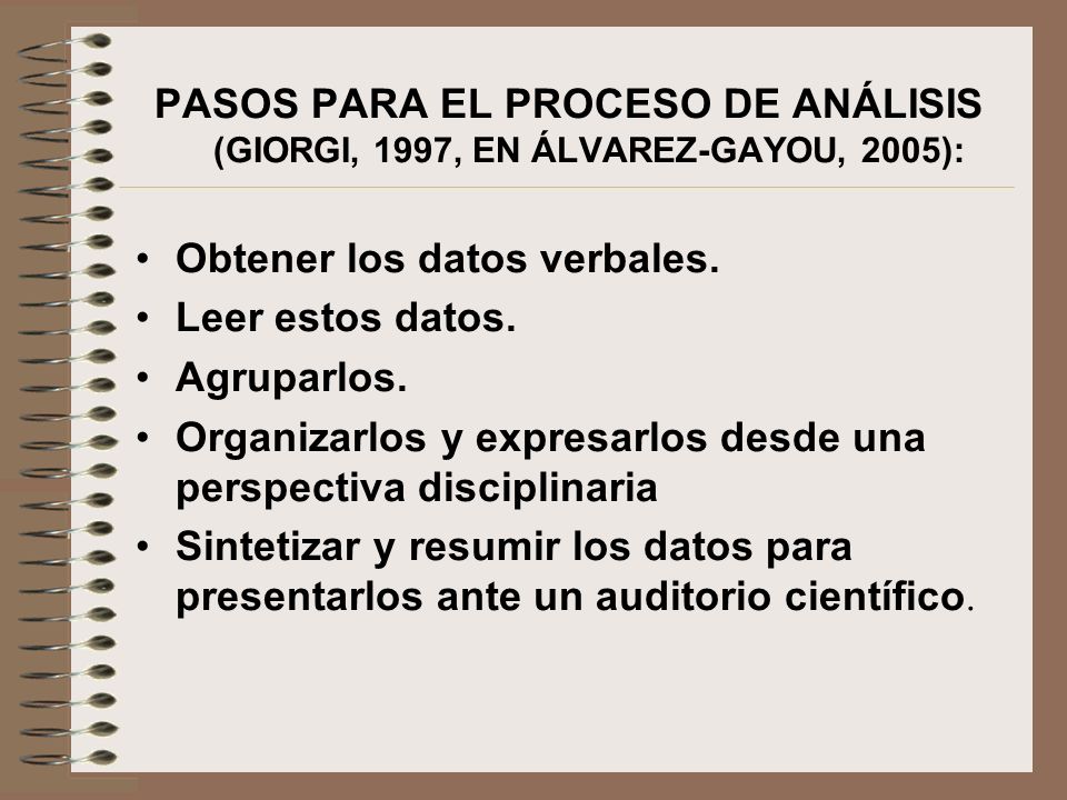 PASOS PARA EL PROCESO DE ANÁLISIS (GIORGI, 1997, EN ÁLVAREZ-GAYOU, 2005):