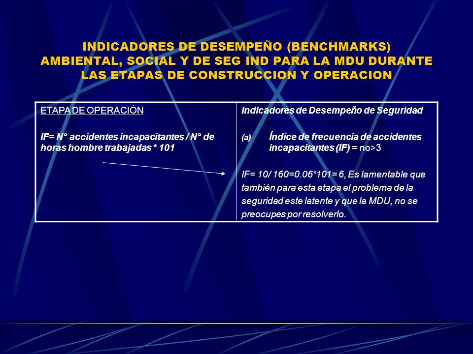 INDICADORES DE DESEMPEÑO (BENCHMARKS) AMBIENTAL, SOCIAL Y DE SEG IND PARA LA MDU DURANTE LAS ETAPAS DE CONSTRUCCION Y OPERACION