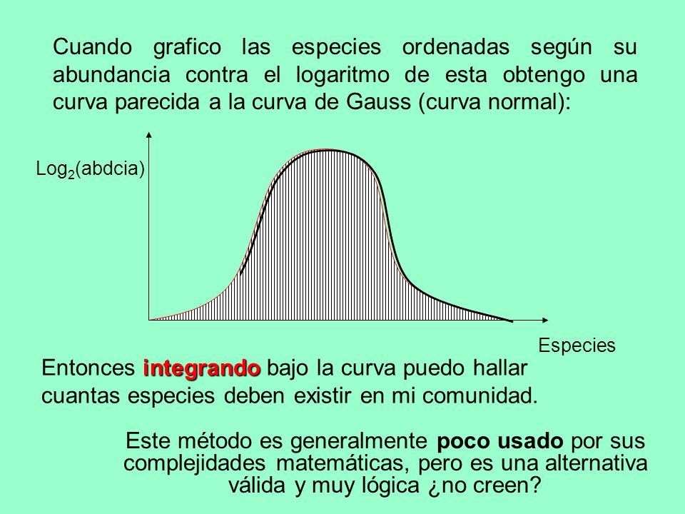 Cuando grafico las especies ordenadas según su abundancia contra el logaritmo de esta obtengo una curva parecida a la curva de Gauss (curva normal):
