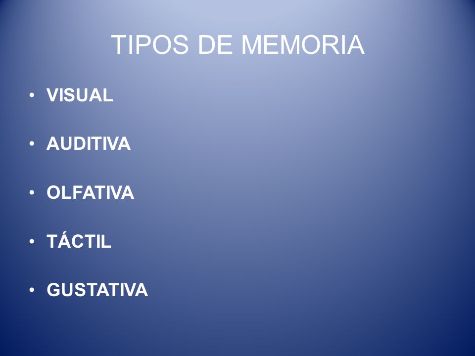 TIPOS DE MEMORIA VISUAL AUDITIVA OLFATIVA TÁCTIL GUSTATIVA