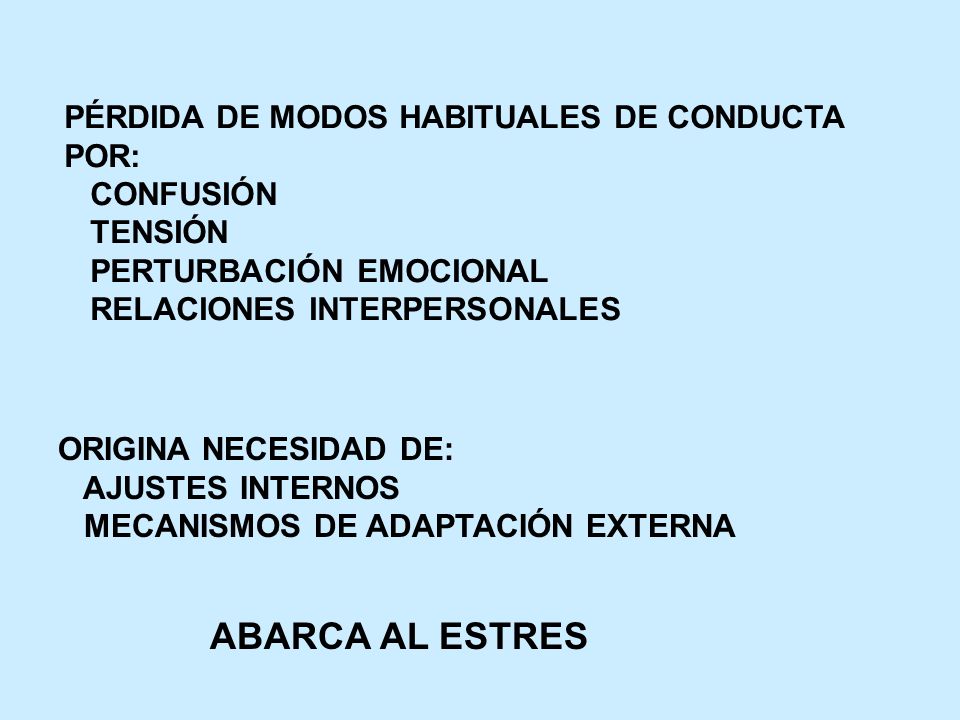 ABARCA AL ESTRES PÉRDIDA DE MODOS HABITUALES DE CONDUCTA POR: