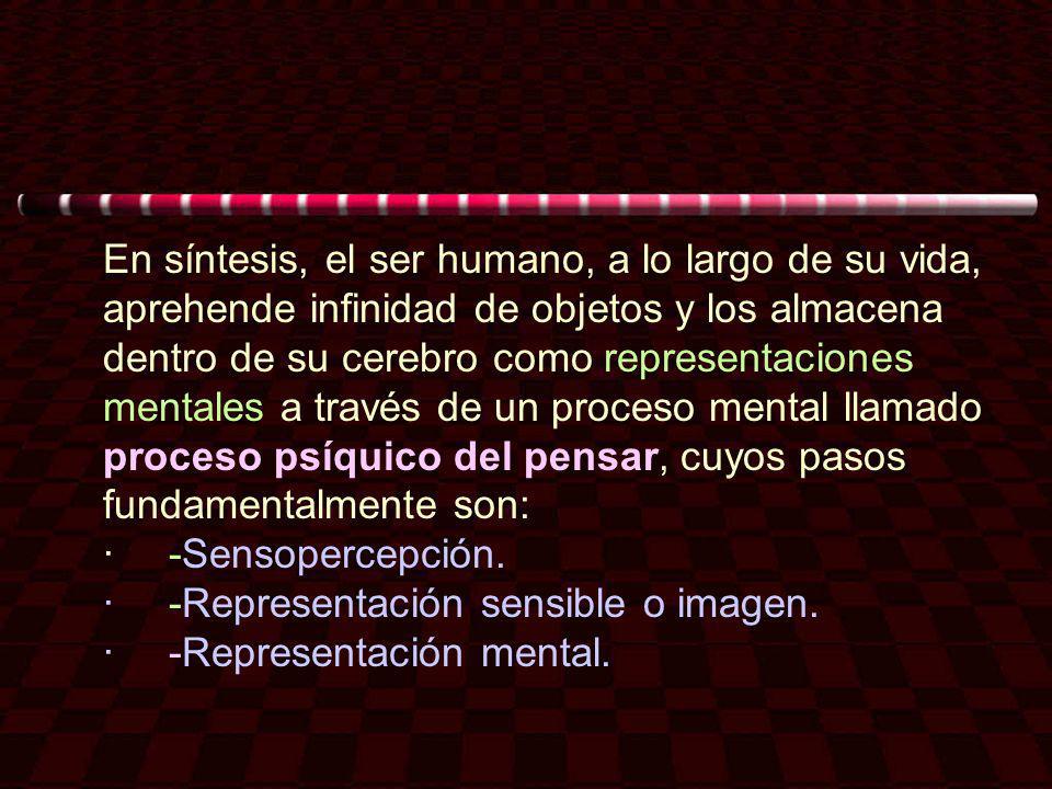 En síntesis, el ser humano, a lo largo de su vida, aprehende infinidad de objetos y los almacena dentro de su cerebro como representaciones mentales a través de un proceso mental llamado proceso psíquico del pensar, cuyos pasos fundamentalmente son: · -Sensopercepción.