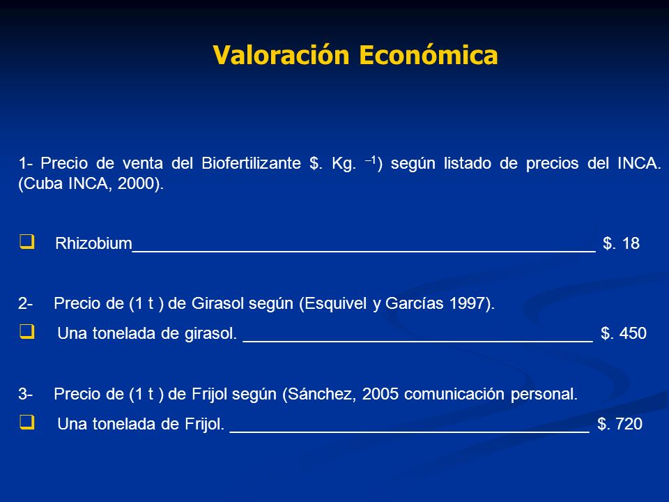 Valoración Económica 1- Precio de venta del Biofertilizante $. Kg. –1) según listado de precios del INCA. (Cuba INCA, 2000).