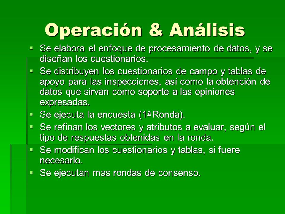 Operación & Análisis Se elabora el enfoque de procesamiento de datos, y se diseñan los cuestionarios.