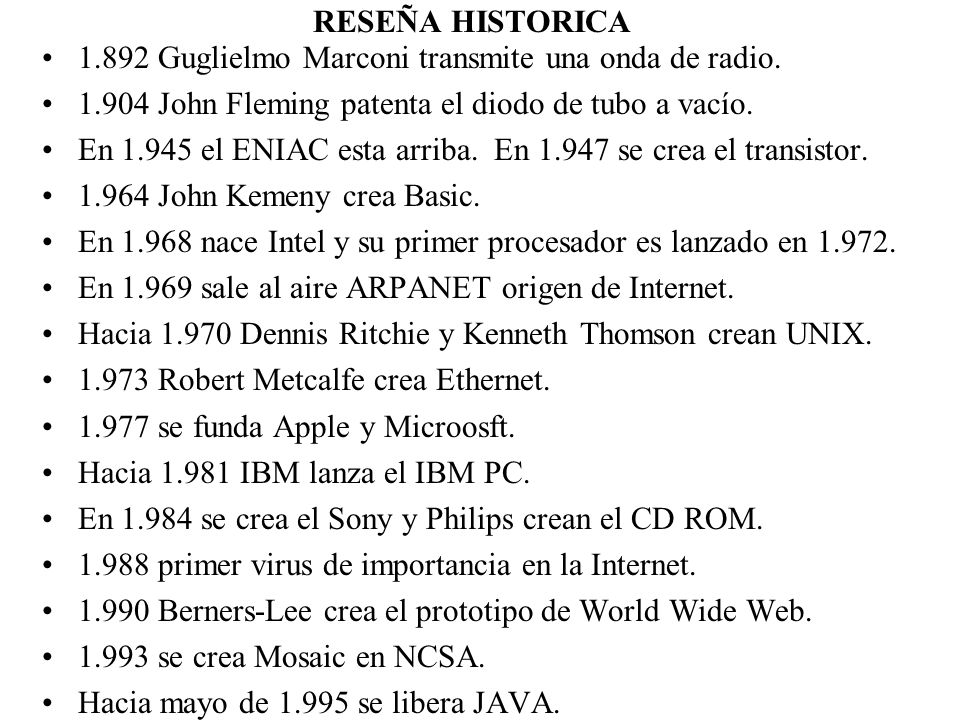 RESEÑA HISTORICA Guglielmo Marconi transmite una onda de radio John Fleming patenta el diodo de tubo a vacío.