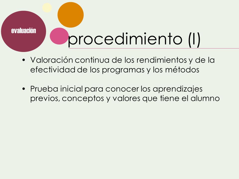 evaluación procedimiento (I) Valoración continua de los rendimientos y de la efectividad de los programas y los métodos.