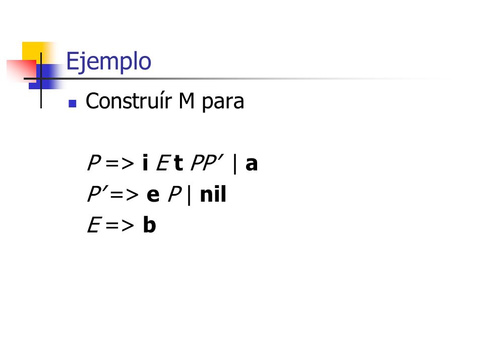Ejemplo Construír M para P => i E t PP’ | a P’ => e P | nil