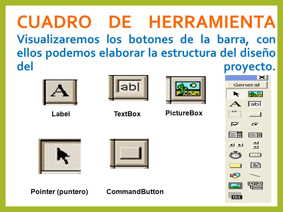 CUADRO DE HERRAMIENTA Visualizaremos los botones de la barra, con ellos podemos elaborar la estructura del diseño del proyecto.