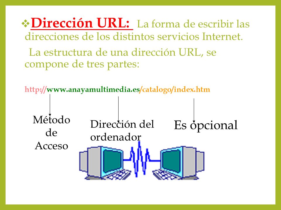 Dirección URL: La forma de escribir las direcciones de los distintos servicios Internet.
