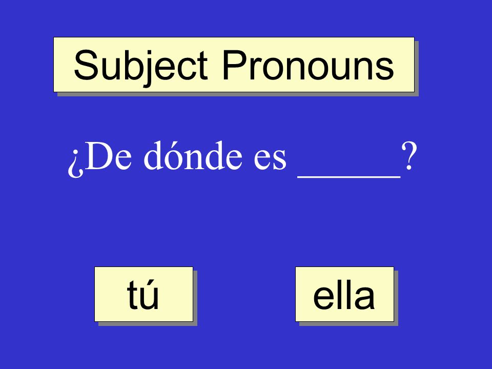 Subject Pronouns ¿De dónde es _____ tú ella
