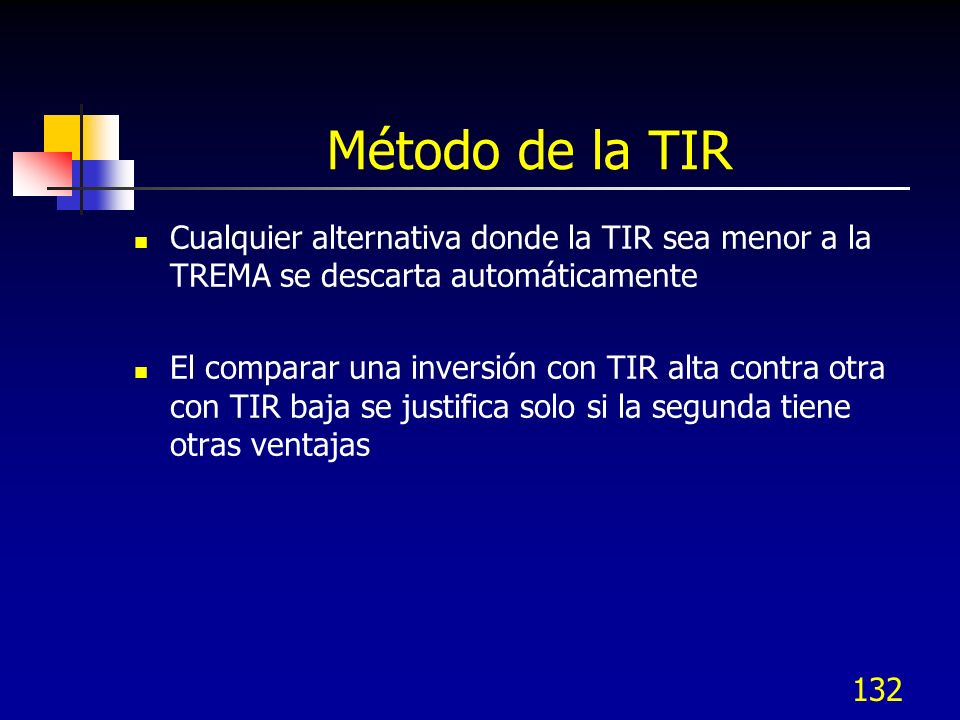 Método de la TIR Cualquier alternativa donde la TIR sea menor a la TREMA se descarta automáticamente.