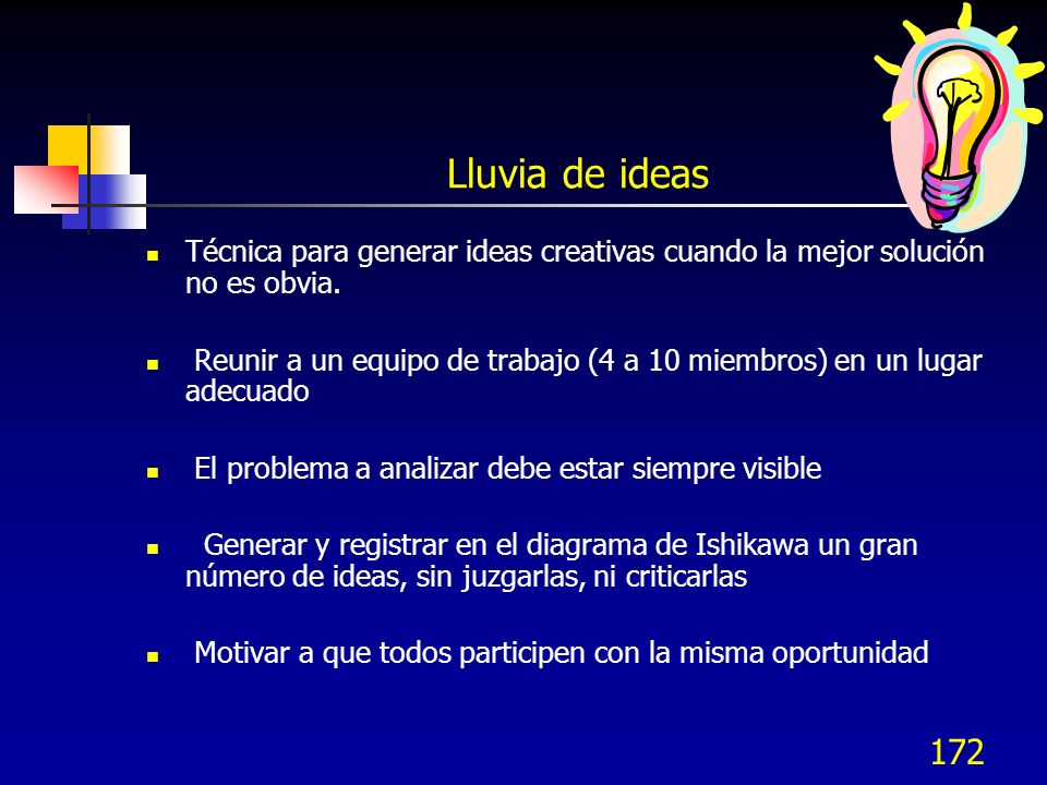 Lluvia de ideas Técnica para generar ideas creativas cuando la mejor solución no es obvia.