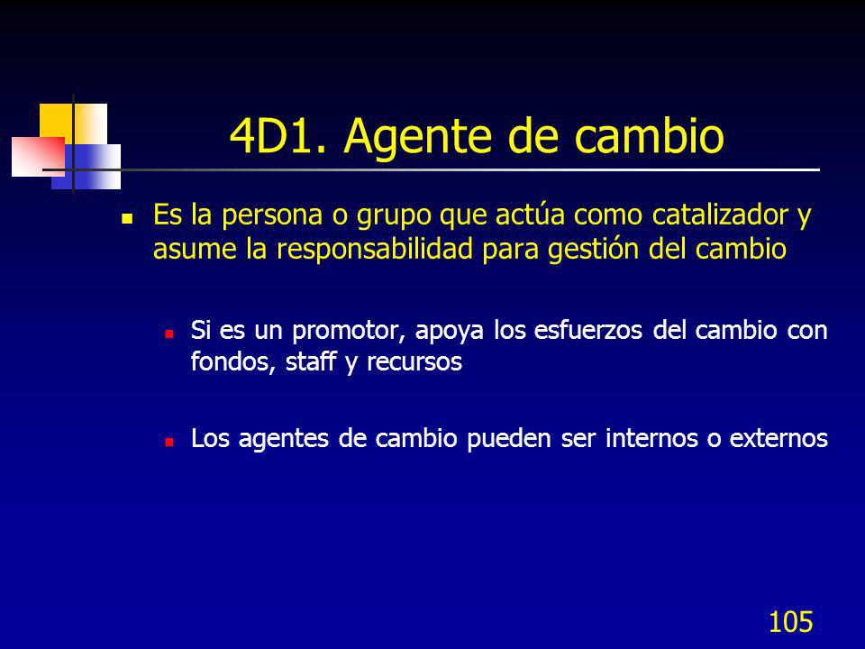 4D1. Agente de cambio Es la persona o grupo que actúa como catalizador y asume la responsabilidad para gestión del cambio.