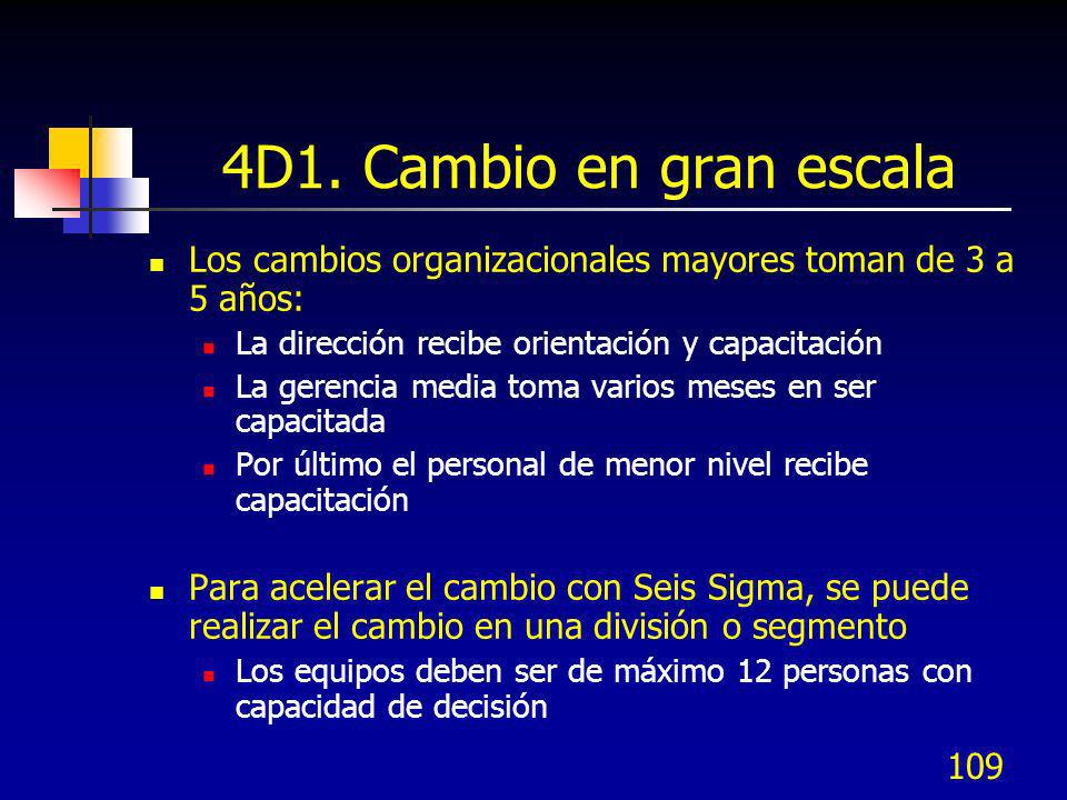 4D1. Cambio en gran escala Los cambios organizacionales mayores toman de 3 a 5 años: La dirección recibe orientación y capacitación.