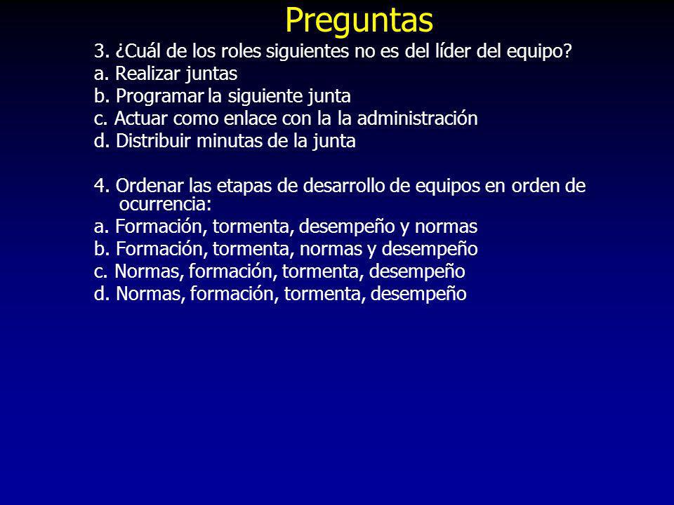 Preguntas 3. ¿Cuál de los roles siguientes no es del líder del equipo