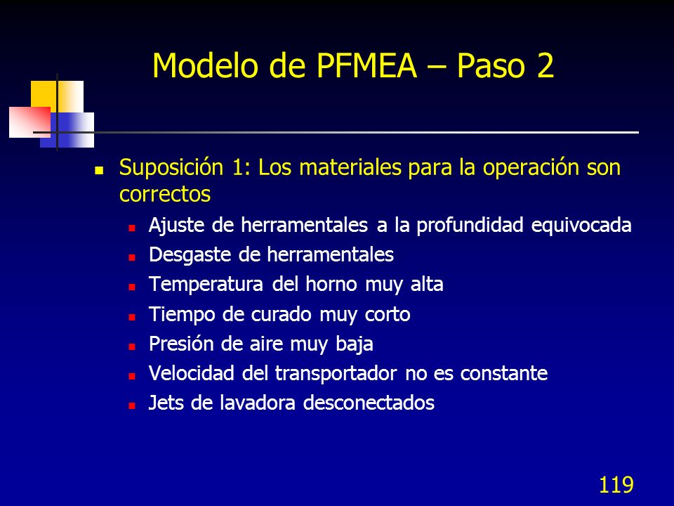 Modelo de PFMEA – Paso 2 Suposición 1: Los materiales para la operación son correctos. Ajuste de herramentales a la profundidad equivocada.