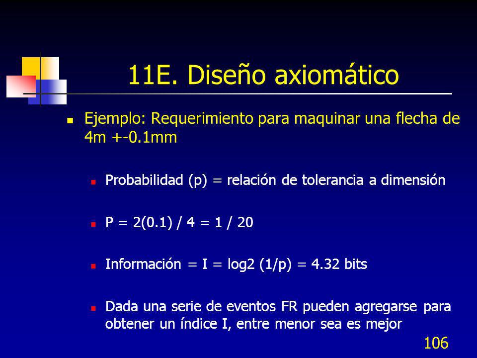 11E. Diseño axiomático Ejemplo: Requerimiento para maquinar una flecha de 4m +-0.1mm. Probabilidad (p) = relación de tolerancia a dimensión.