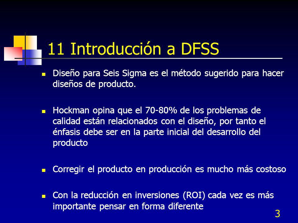 11 Introducción a DFSS Diseño para Seis Sigma es el método sugerido para hacer diseños de producto.