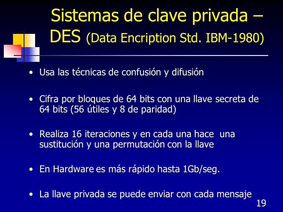 Sistemas de clave privada – DES (Data Encription Std. IBM-1980)