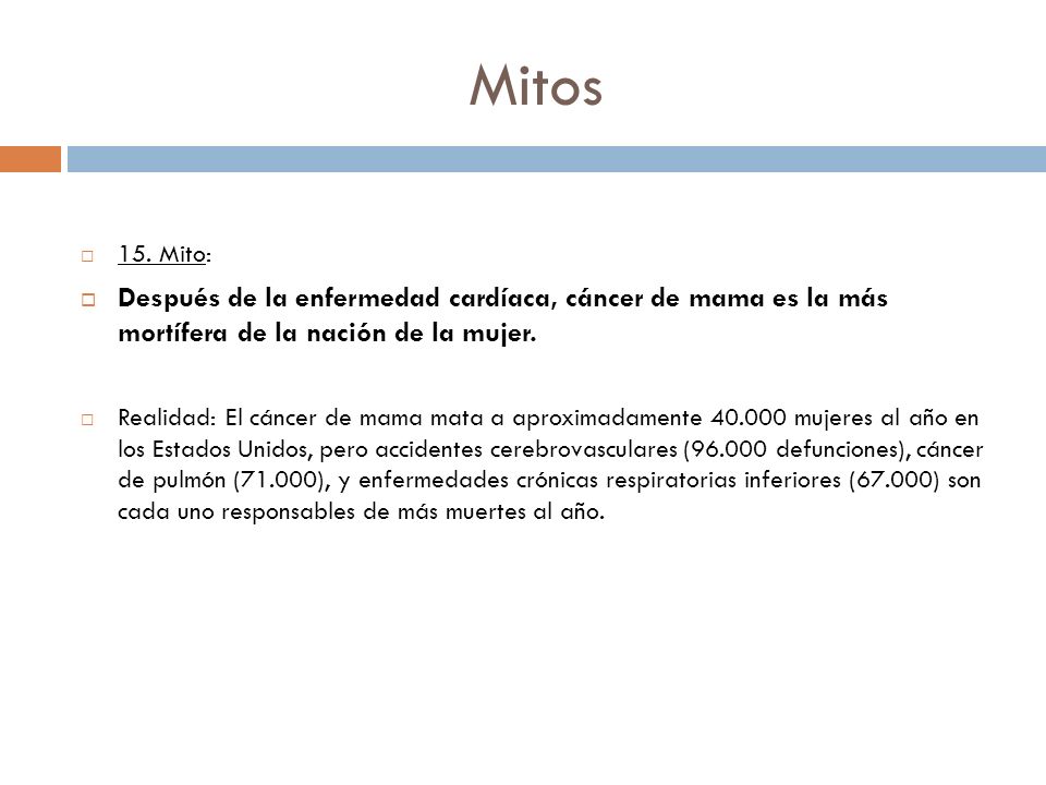 Mitos 15. Mito: Después de la enfermedad cardíaca, cáncer de mama es la más mortífera de la nación de la mujer.