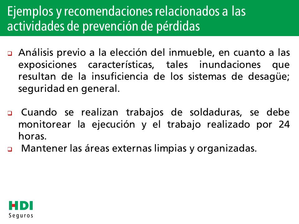 Ejemplos y recomendaciones relacionados a las actividades de prevención de pérdidas